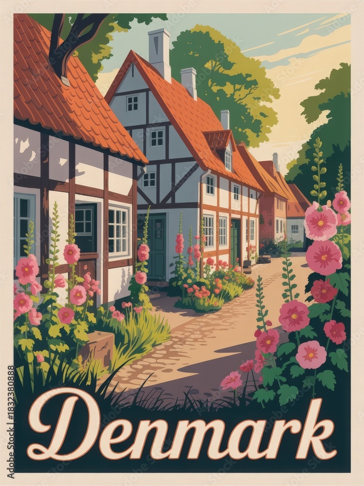 This scene showcases a picturesque street in Denmark filled with charming traditional houses. Vibrant flowers bloom along the pathway under a clear sky, enhancing the serene atmosphere.