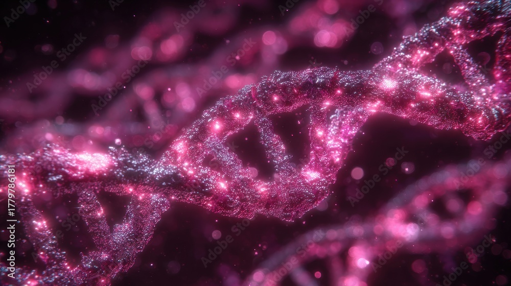 This scene showcases interconnected DNA strands glowing in bright pink hues. The intricate structures have a sparkling appearance, highlighting the complexity of genetic information.