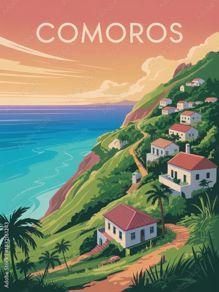This scene showcases the beautiful coastline of Comoros, with vibrant green hills, white houses with red roofs, and a serene ocean view during sunset. The landscape is peaceful and inviting.