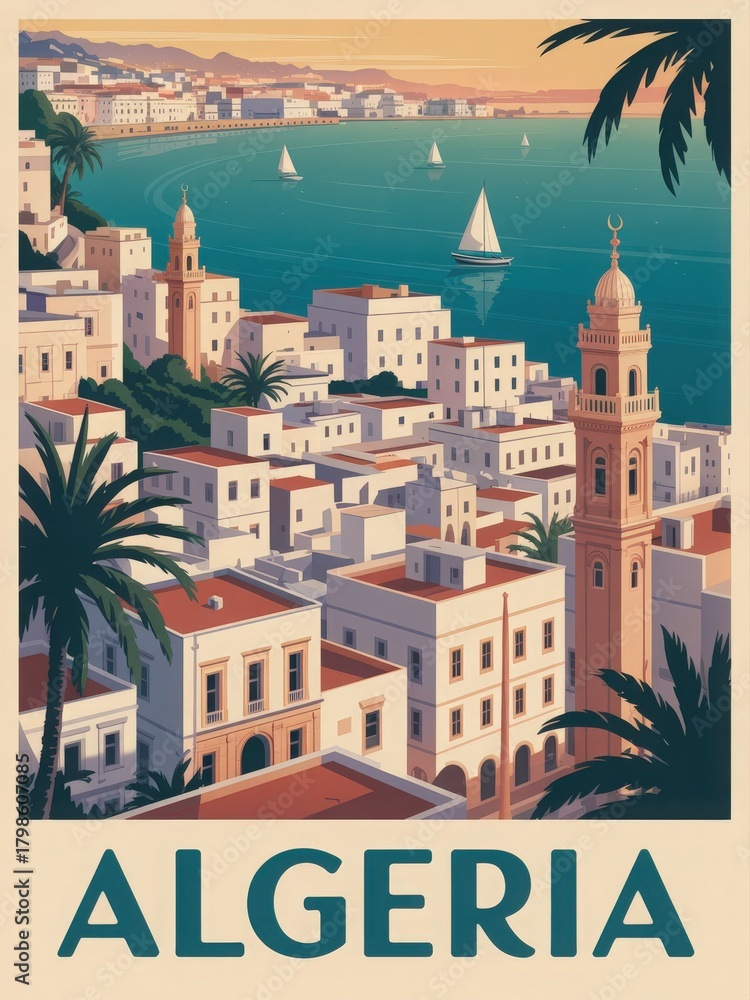 This scene showcases the serene coastline of Algeria, featuring white buildings nestled among palm trees.