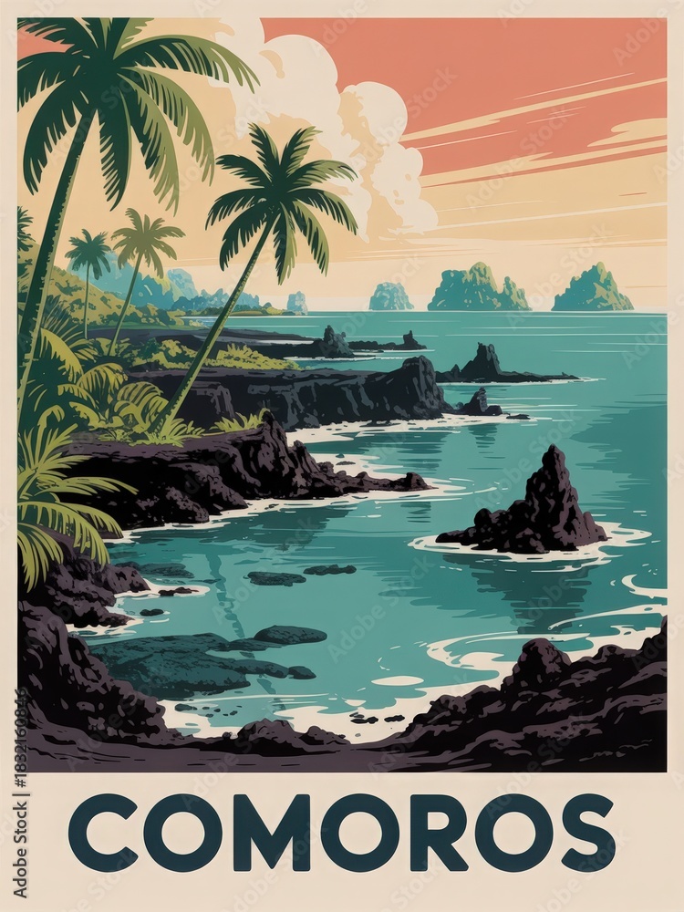 This scene showcases the stunning coastline of Comoros, with vibrant palm trees lining the rocky shore. Gentle waves lap against the dark rocks as the sun sets, painting the sky in warm hues.