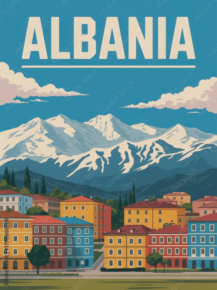 This scene showcases vibrant buildings nestled at the foot of majestic mountains in Albania. The clear blue sky and striking peaks create a beautiful contrast, highlighting the charm of the area.