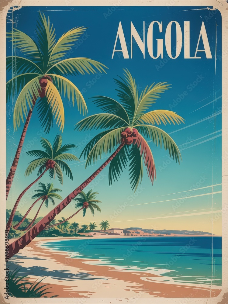 This serene beach showcases tall palm trees swaying gently under a clear blue sky. Calm waters reflect the vibrant colors of Angolas coastline, inviting relaxation and enjoyment.