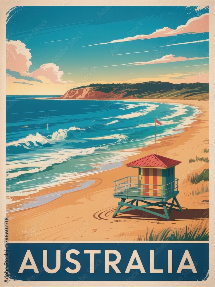 This vibrant scene captures a colorful lifeguard tower along a sandy beach in Australia. Gentle waves lap at the shore while clouds drift above, inviting beachgoers to enjoy a sunny day.
