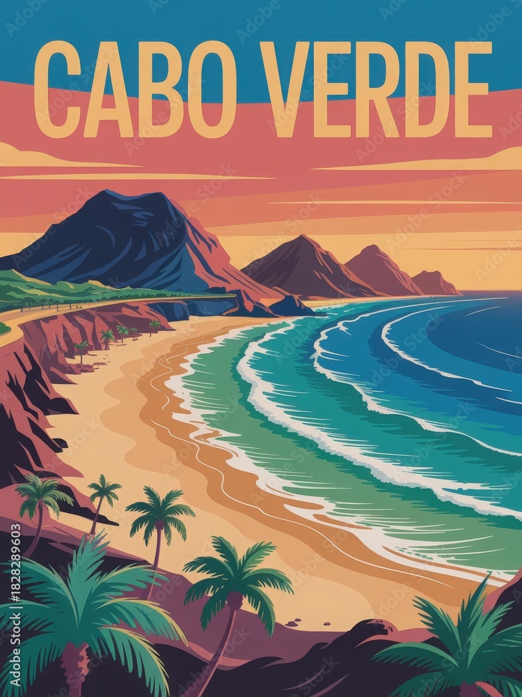 This vibrant scene captures the stunning coastline of Cabo Verde, featuring sandy beaches, lush palm trees, and rugged mountains during a colorful sunset. The calm waves lap at the shore.