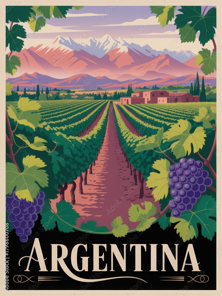 This vibrant scene shows lush green vineyards stretching towards majestic mountains under a clear sky.