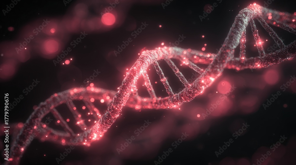 This visual features a vibrant DNA strand illuminated by glowing particles against a dark background. The intricate structure highlights the beauty of genetic material, showcasing scientific concepts.