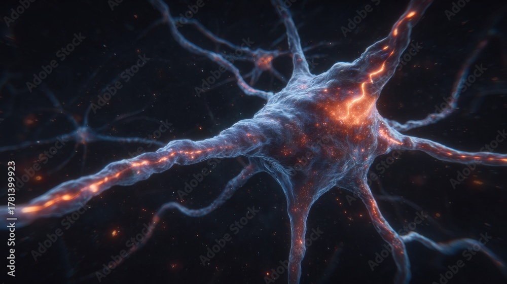 This visual showcases a detailed view of a neuron with its branching axons and dendrites illuminated by glowing signals.