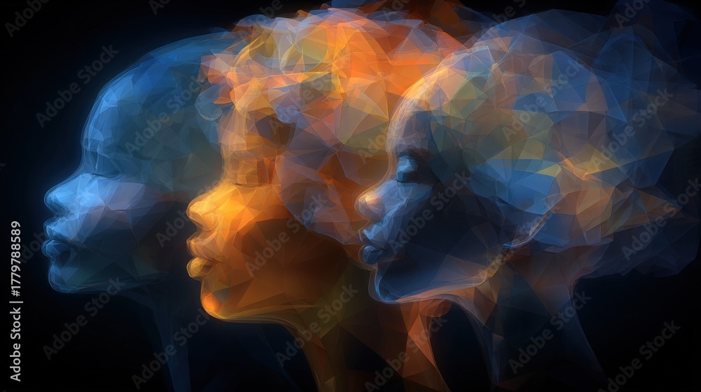 Three abstract artistic representations of faces are displayed in a side view. Each face blends shades of blue and orange, highlighting beauty and diversity in an imaginative design.