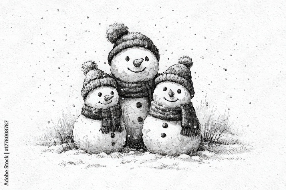 Three cheerful snowmen are bundled up in cozy hats and scarves. They stand together in a snowy field, with light snowflakes falling around them, capturing the essence of winter joy.