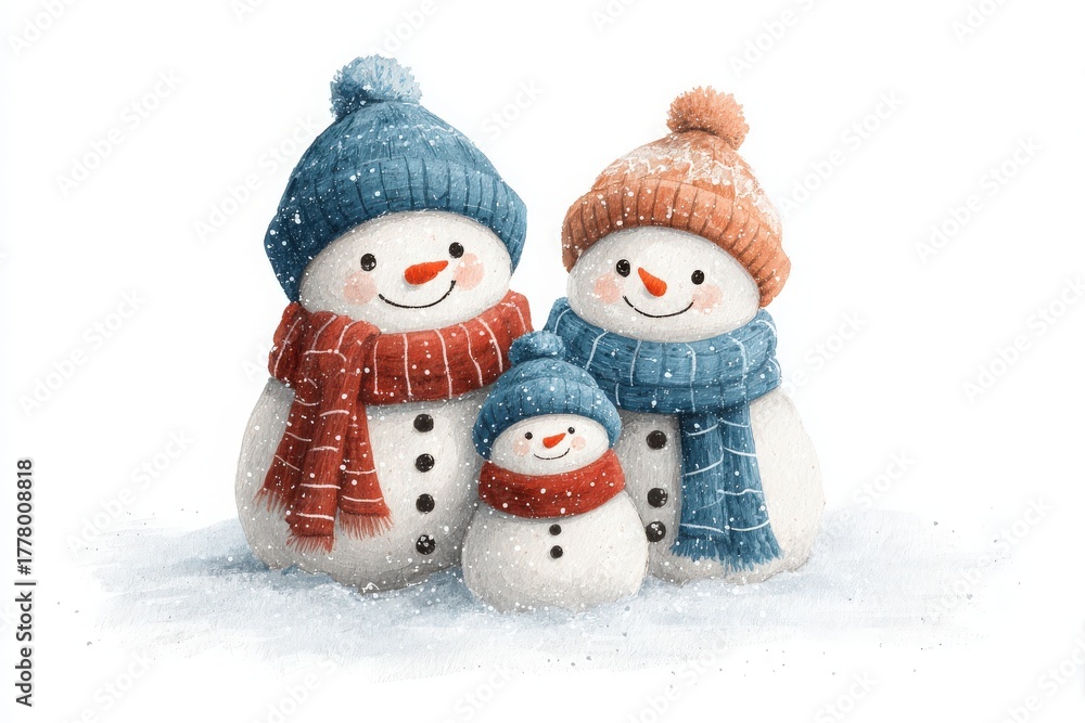 Three cheerful snowmen stand together in a snowy landscape. The largest snowman wears a blue hat and red scarf, while the medium-sized one has an orange hat and blue scarf.