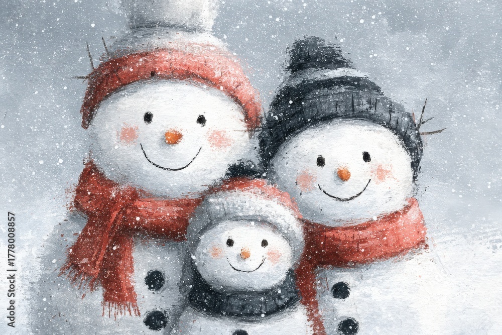 Three friendly snowmen stand close together in a snowy setting. Each snowman wears a colorful scarf and hat while gently falling snow adds to the winter atmosphere.
