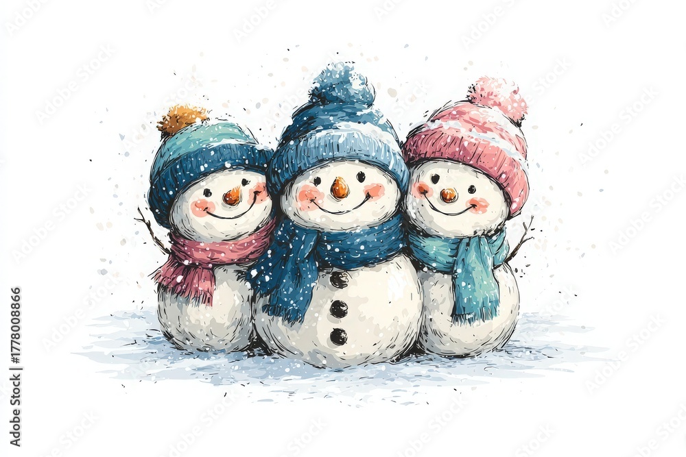 Three snowmen wearing colorful hats and scarves stand closely together, smiling as snowflakes gently fall around them. The scene captures the joy of winter fun and festive spirit.