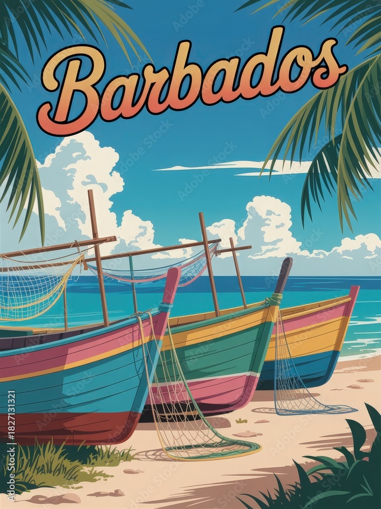 Three vibrant fishing boats are anchored on a sandy beach in Barbados.