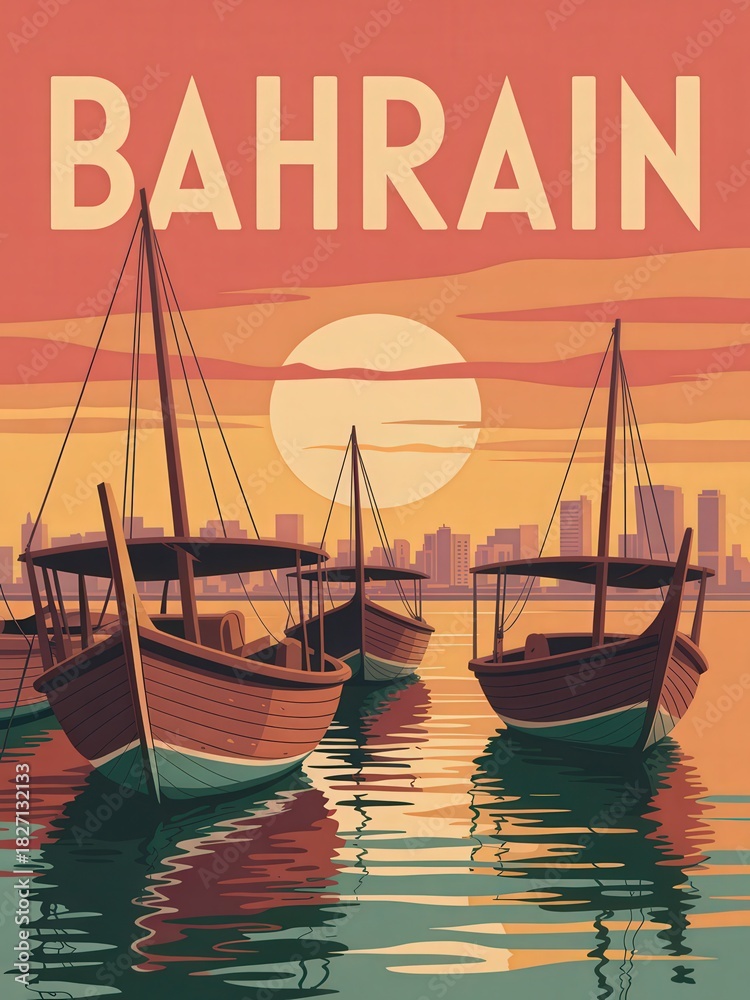 Traditional wooden boats are anchored in calm waters at sunset in Bahrain. The sun sets behind a city skyline, casting warm colors across the sky and reflecting on the waters surface.