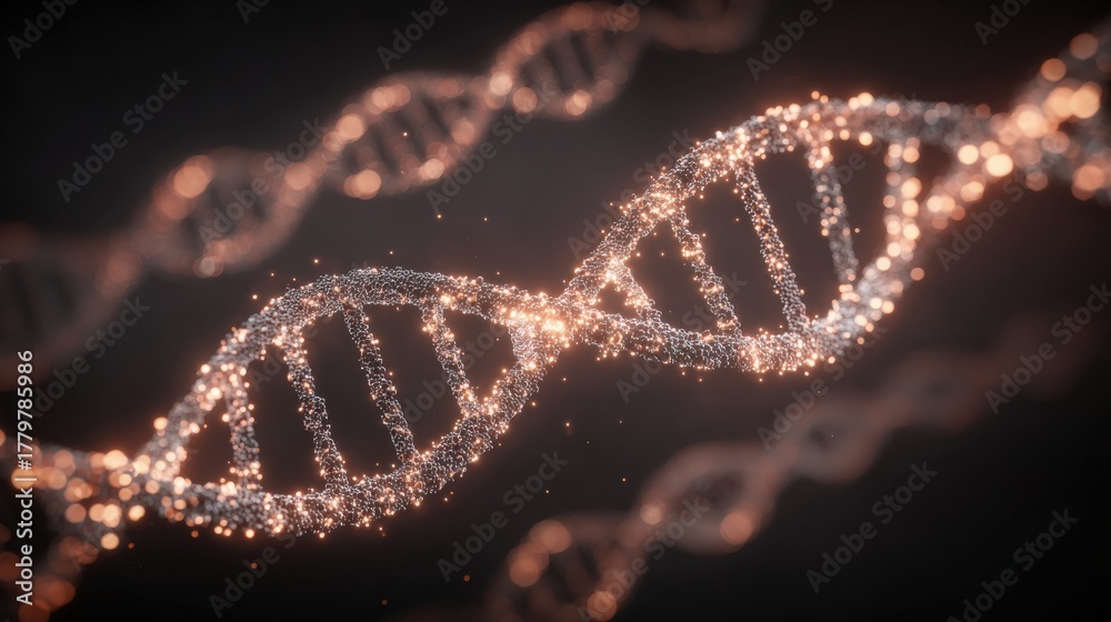 Twinkling DNA strands create a beautiful visual of genetics. The scene highlights the double helix structure shining with sparkling light, showcasing the complexity of life at a molecular level.