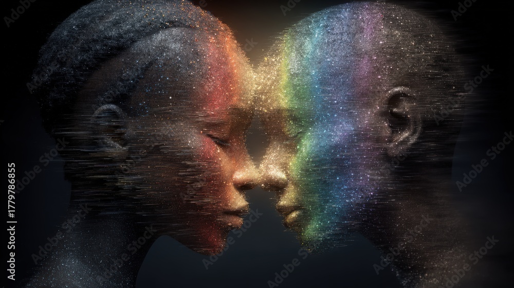 Two black-skinned figures face each other, their foreheads nearly touching. They are enveloped in a cloud of sparkling colors, suggesting unity and deep emotion.