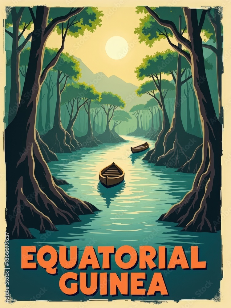 Two boats float on a calm river surrounded by tall trees in Equatorial Guinea. The sun shines above the horizon and the scenery shows a blend of water and greenery.