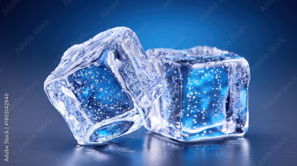 Two clear ice cubes sit together, showcasing bubbles forming within. They rest on a smooth surface, illuminated by a cool blue light, creating a refreshing and vibrant appearance.