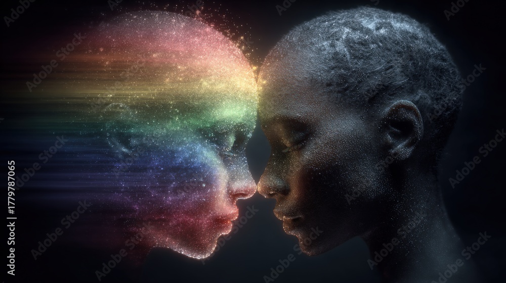 Two close-up faces are shown, merging with colorful light particles, creating an ethereal effect. The background is dark, enhancing the vibrant hues that symbolize unity and connection.