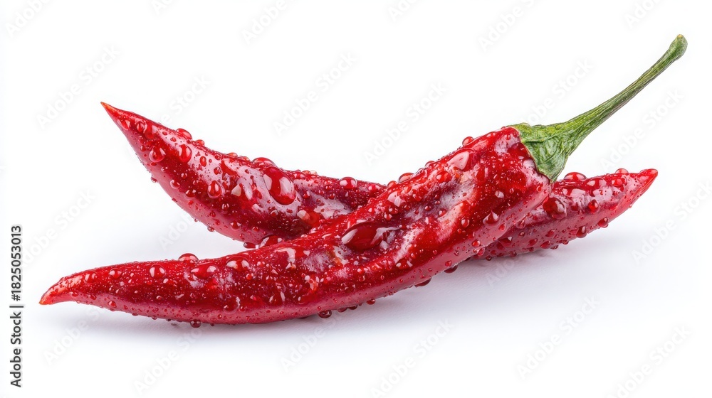 Two fresh red chili peppers with a glossy surface are placed on a clean white background. The peppers show water droplets, indicating they are freshly washed, ideal for cooking or garnishing dishes.