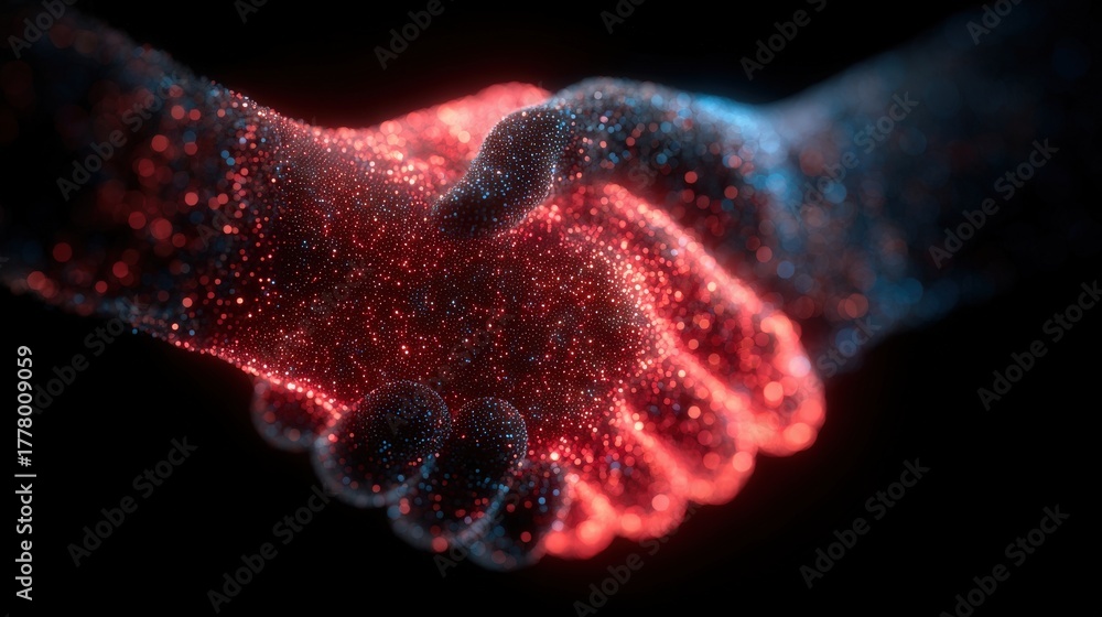 Two hands meet in a gentle handshake, illuminated by vibrant particles of red and blue light. The scene represents connection and collaboration in a digital or abstract context.