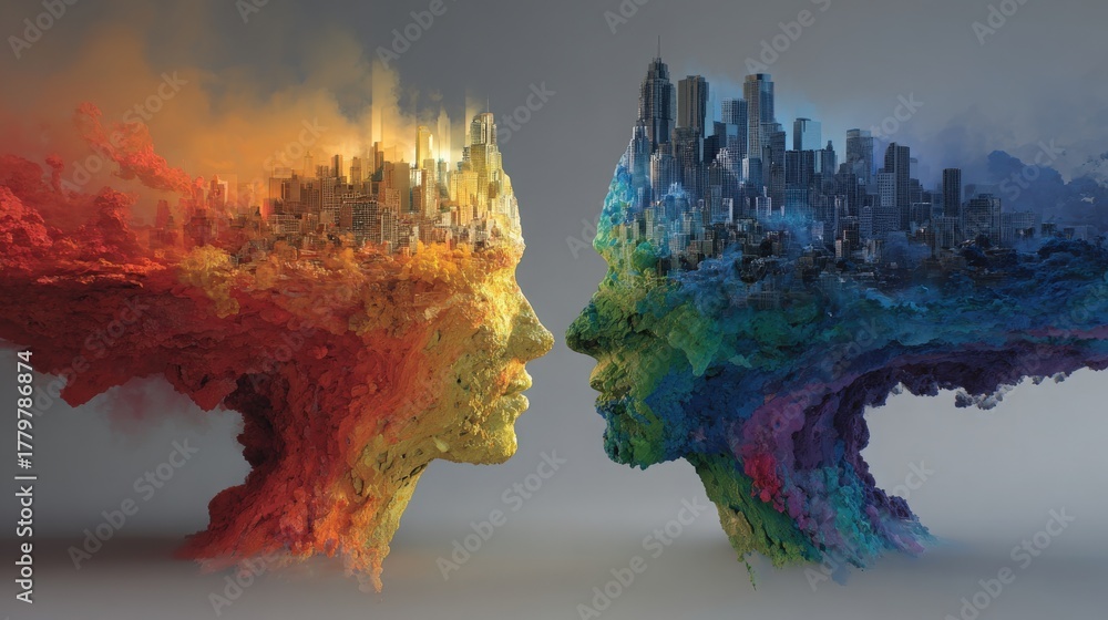 Two human-like faces are formed with vibrant, colorful cityscapes. One side shows warm colors, while the other features cool tones.