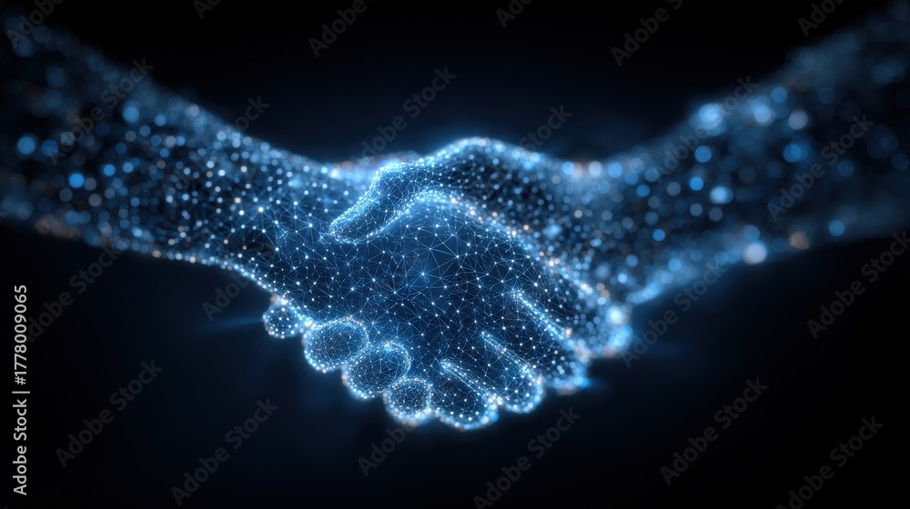 Two human hands come together in a handshake, glowing with tiny lights. This scene represents unity and cooperation in a digital and technological world, highlighting the power of collaboration.
