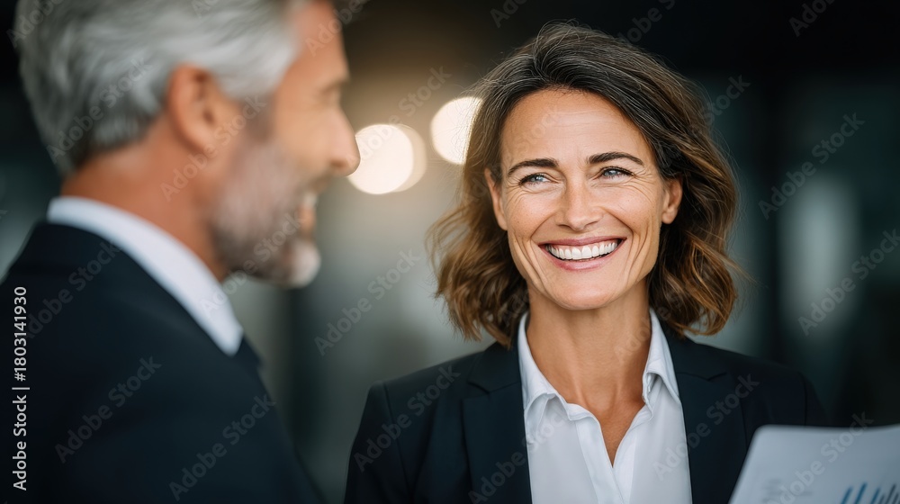 Two professionals smile and talk in a modern office during a business meeting. The woman holds a document while the man listens attentively, creating a positive and engaging atmosphere.