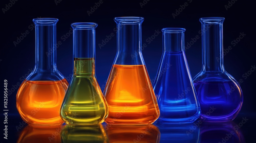 Various glass flasks in vibrant colors stand side by side, filled with different liquids. The bright colors create an engaging visual effect against a dark background.