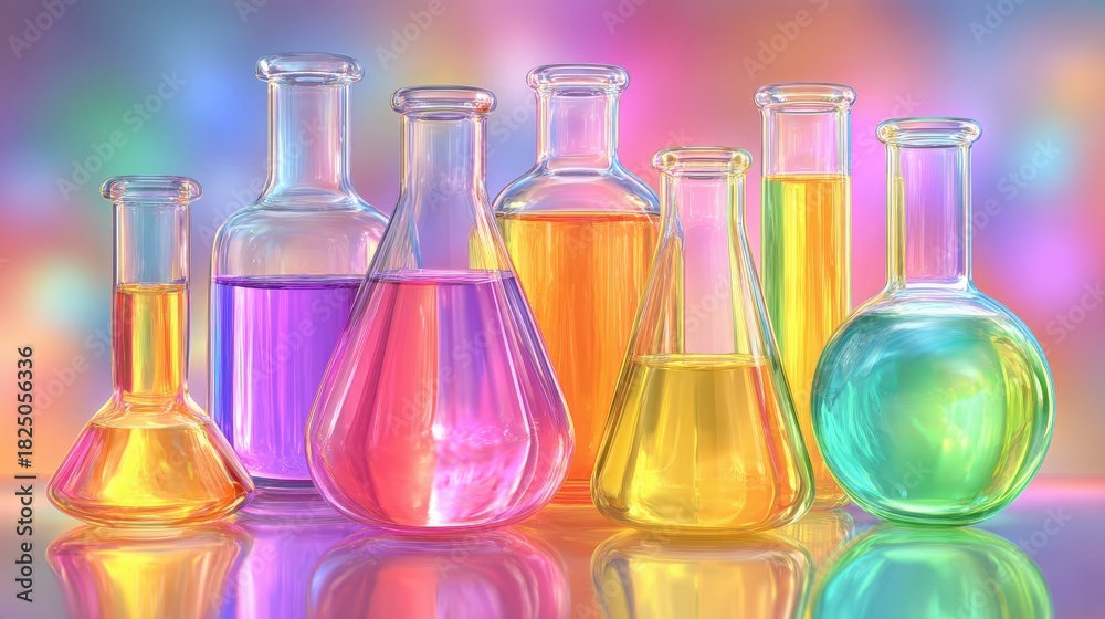 Various laboratory glass containers are filled with vibrant liquids in shades of purple, pink, yellow, and green. The bright colors create a striking visual effect against a soft, blurred background.