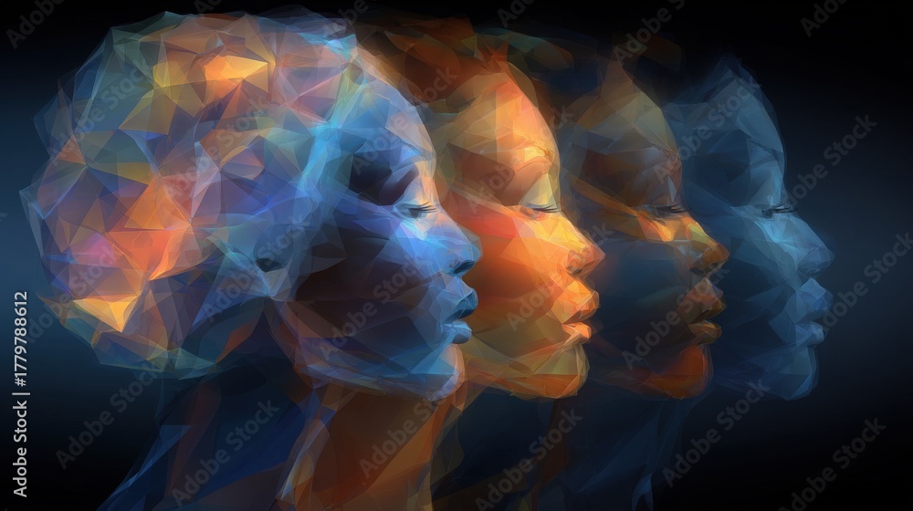 Various stylized profiles of a woman are displayed, featuring colorful, geometric shapes. The artwork blends hues of blue, orange, and other colors, creating a sense of depth and movement.
