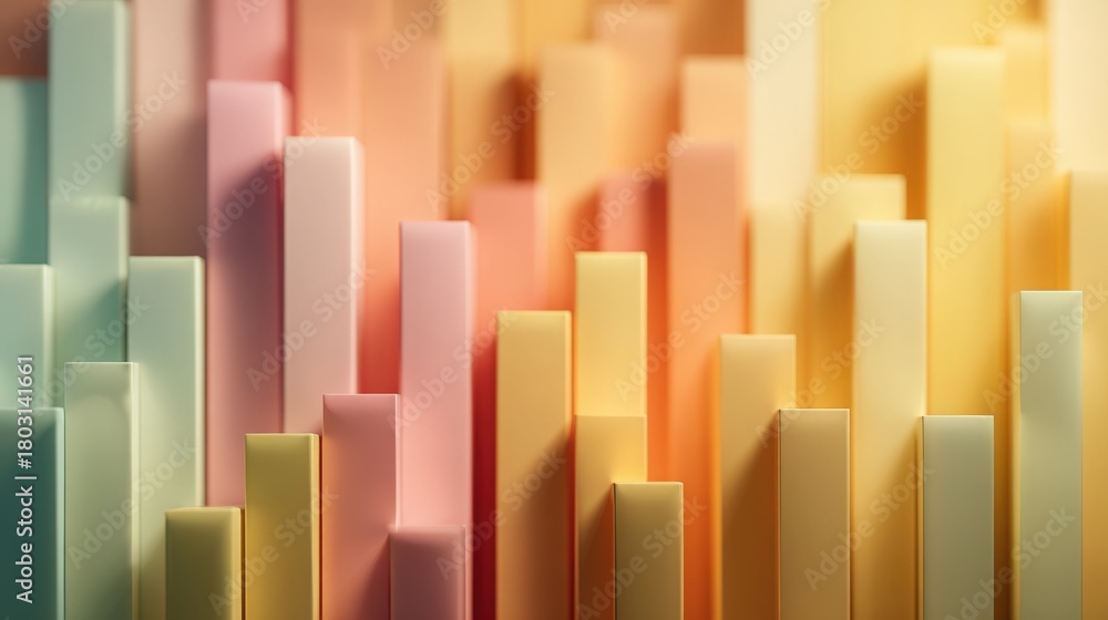 Various vertical blocks in soft pastel hues rise and fall, creating a dynamic abstract pattern. The colors blend smoothly, giving a cheerful and uplifting feel to the scene.