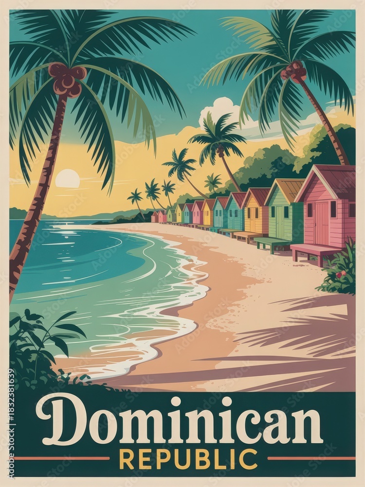 Vibrant beach huts in shades of pink and green line a sandy shore in the Dominican Republic. Palm trees sway gently against a backdrop of a golden sunset and calm waves.