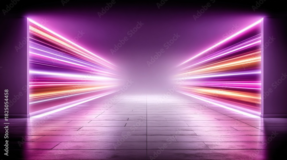 Vibrant beams of purple, orange, and pink light stretch from both sides, illuminating a misty, monochrome hallway. The scene suggests a surreal, sci-fi atmosphere for a digital artwork.