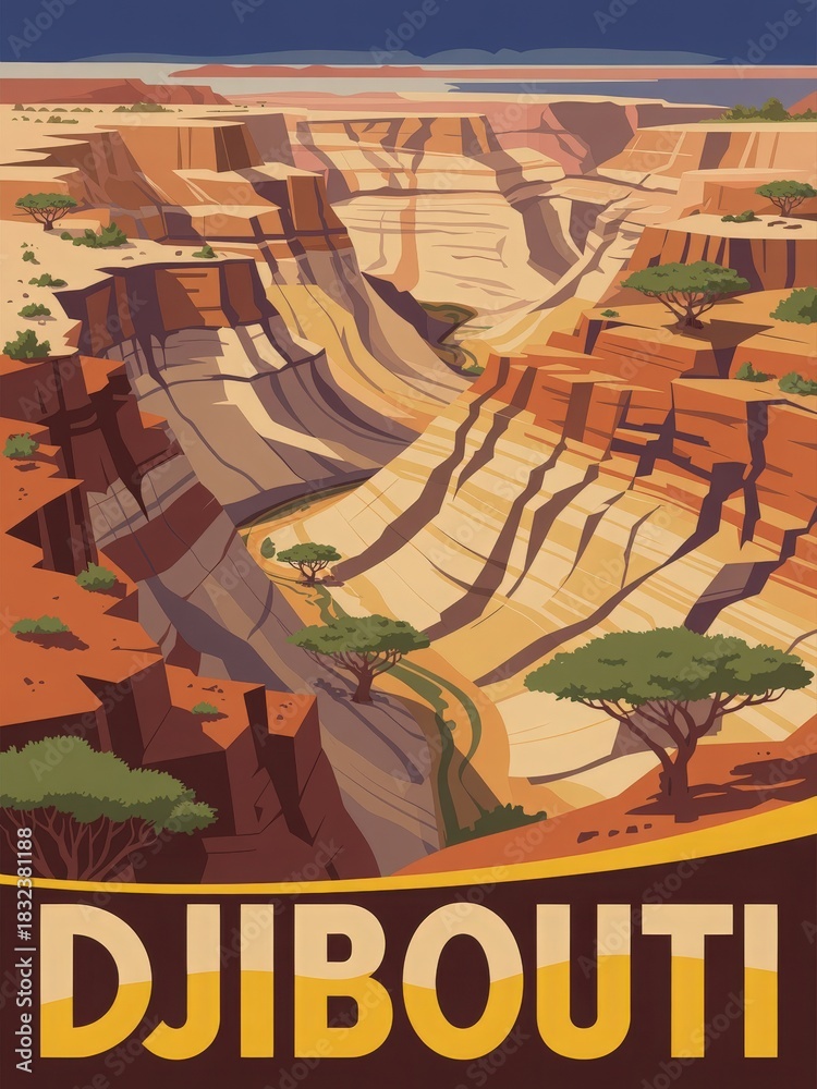 Vibrant canyons and rugged terrain showcase Djiboutis stunning natural beauty. This dramatic landscape features layered rock formations, winding rivers, and sparse vegetation under a bright sky.