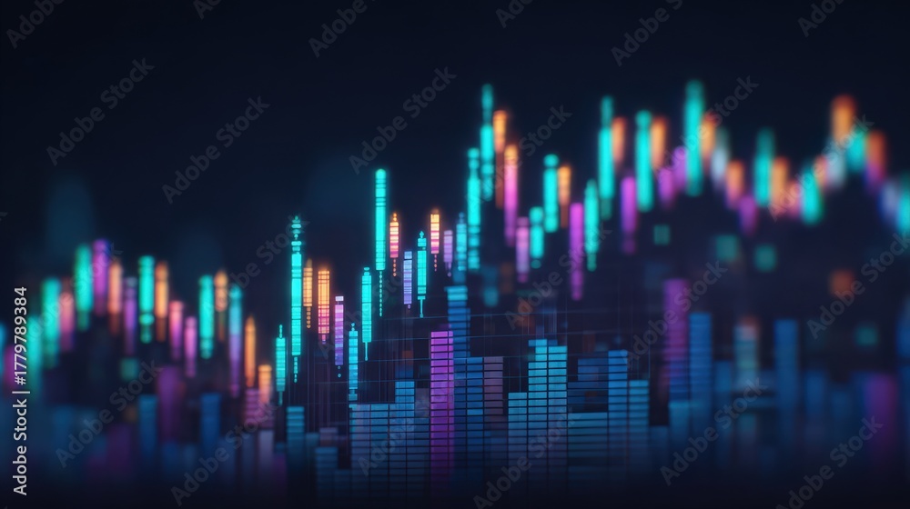 Vibrant graph shows stock market trends with rising bars in blue, purple, orange, and green. The dark background enhances the colorful display, indicating market activity and fluctuations.