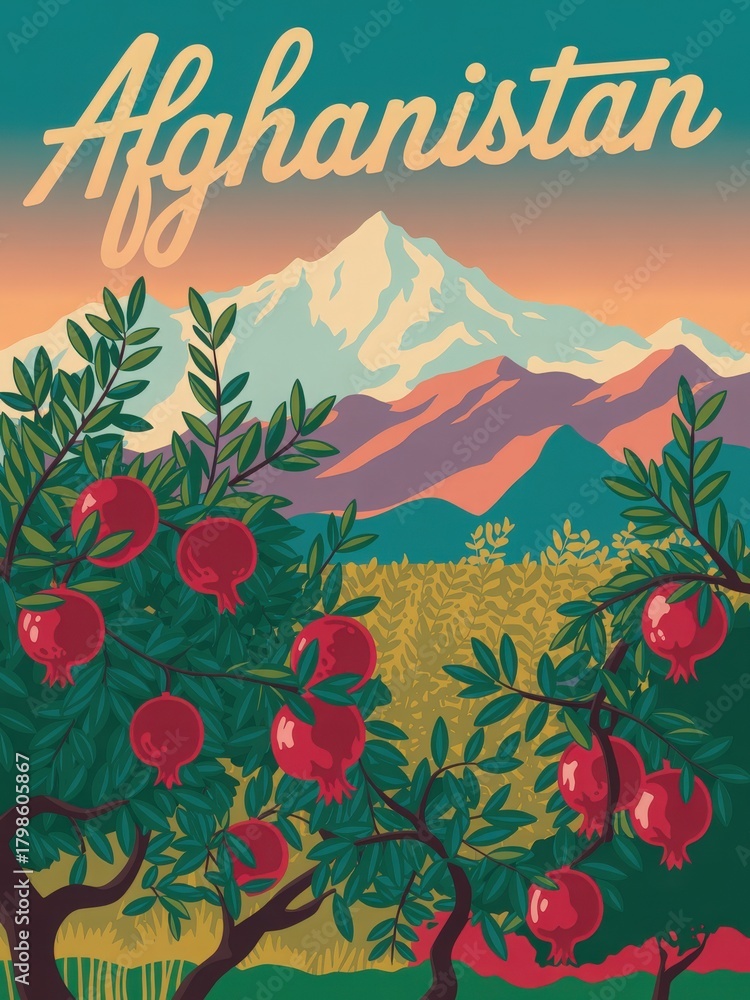 Vibrant landscape showcases lush pomegranate trees with ripe fruits. Majestic mountains rise in the background, creating a stunning sunset scene over Afghanistans natural beauty.