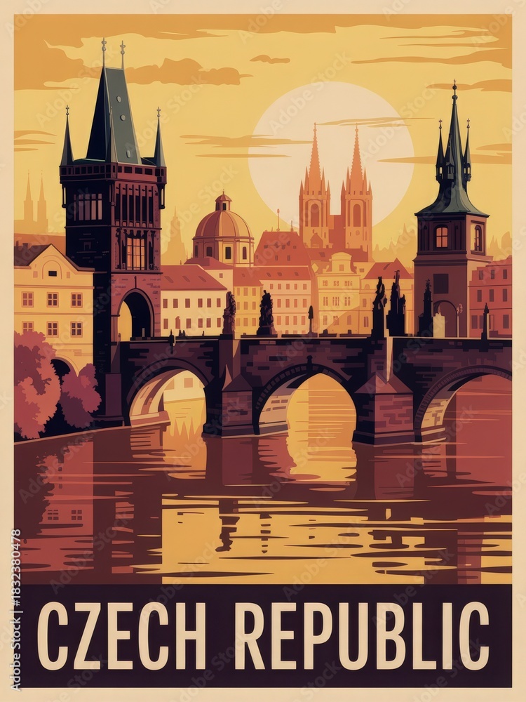 Vibrant sunset casts warm colors over Pragues historic Charles Bridge, featuring iconic towers and the scenic river reflecting the citys architecture and beauty.