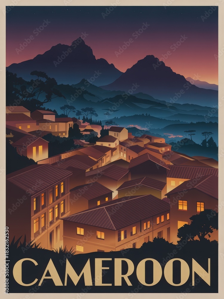 View the stunning landscape of Cameroon during twilight. The town features houses with warm lights, nestled against a backdrop of tall mountains and lush trees, creating a peaceful scene.