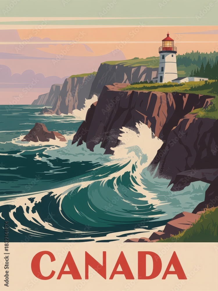 Waves crash against rocky cliffs near a lighthouse in Canada. The vibrant colors capture a peaceful sunset, with green forests framing the background and water glistening in the fading light.
