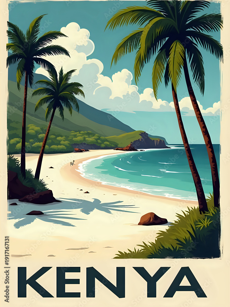 A beach in Kenya is shown with fine sand, tall palm trees, green hills, and blue water. Clouds float in the sky. People walk along the shore enjoying the sunny weather.