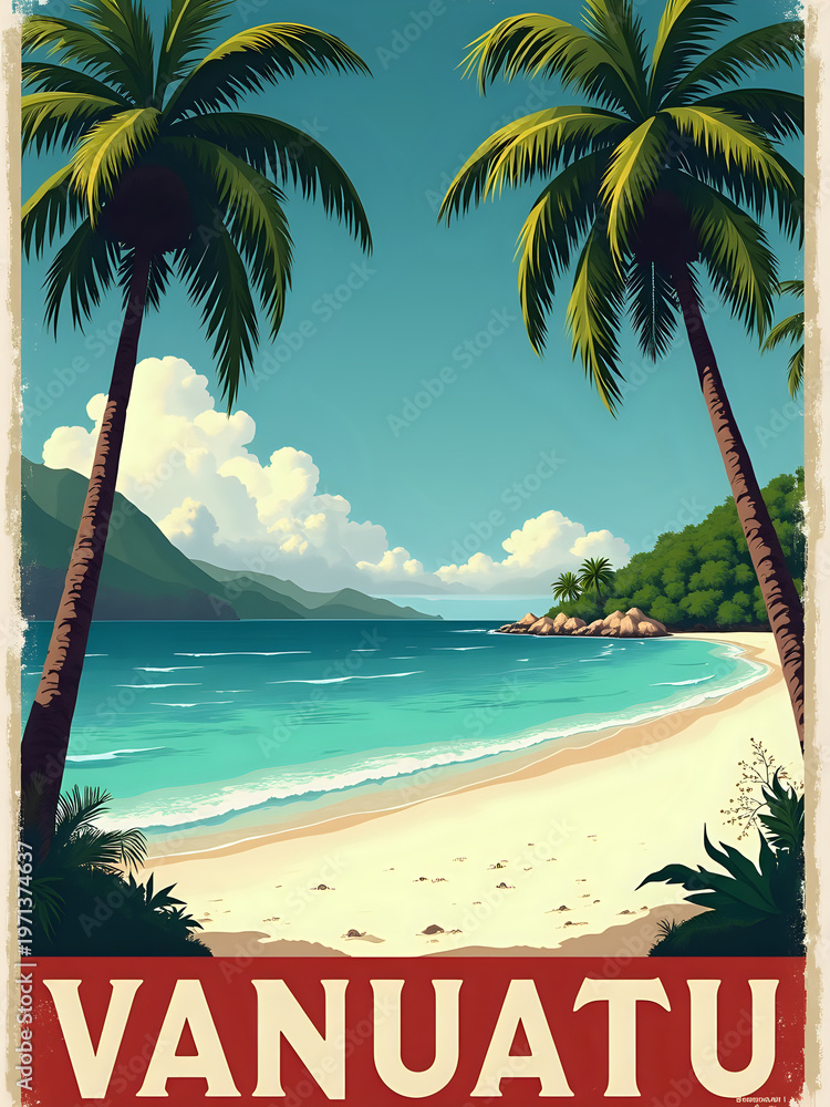 A beach scene shows clear blue water and white sand. Palm trees are on both sides of the view. Green hills rise in the background under a bright sky. Small clouds float above.
