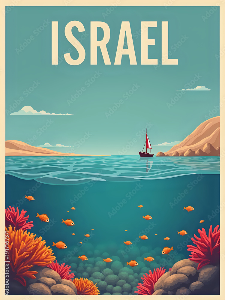 A boat sails on the water near Israel. Below the surface, colorful fish swim among coral. Soft clouds float above the hills. The setting shows a vibrant marine life.