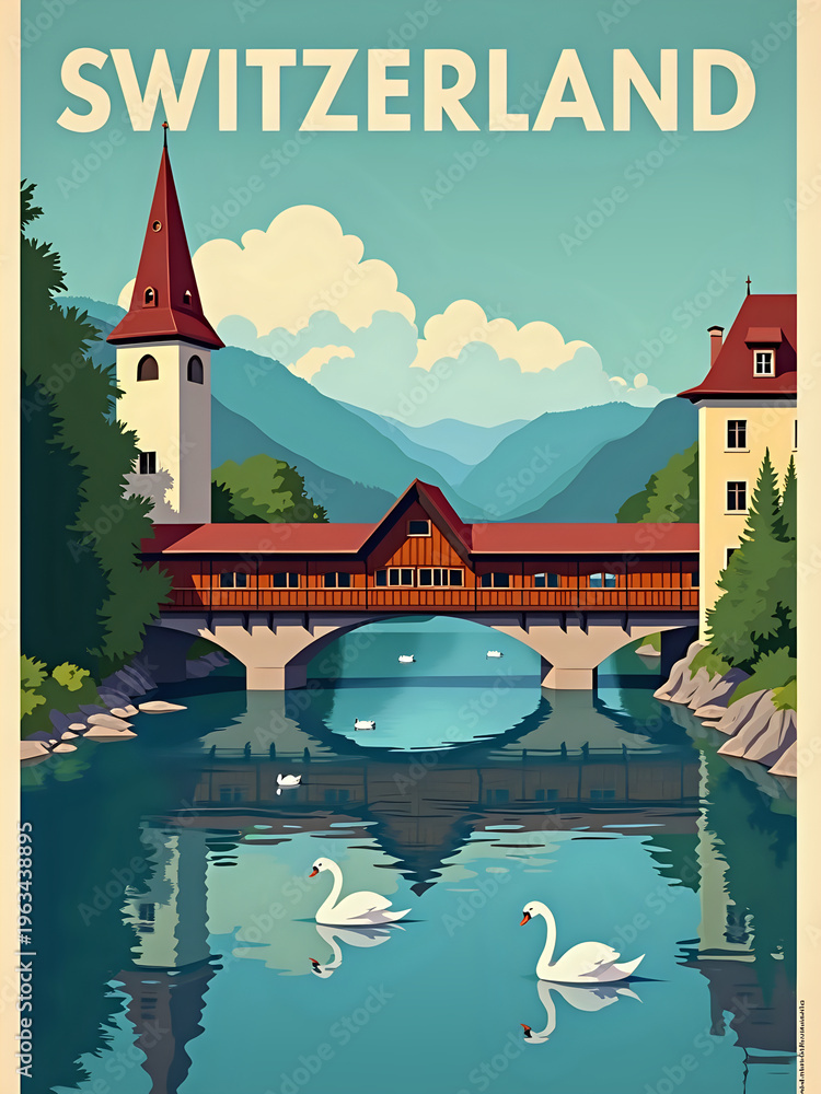 A calm river in Switzerland with a bridge connecting two banks. Swans swim on the water. Mountains rise in the background under a blue sky. The buildings show Swiss architecture.
