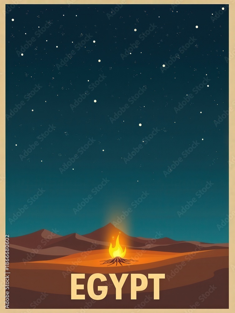 A campfire burns brightly on sandy ground surrounded by mountains. A clear night sky is filled with stars above. This scene captures the beauty of nature at night in Egypt.