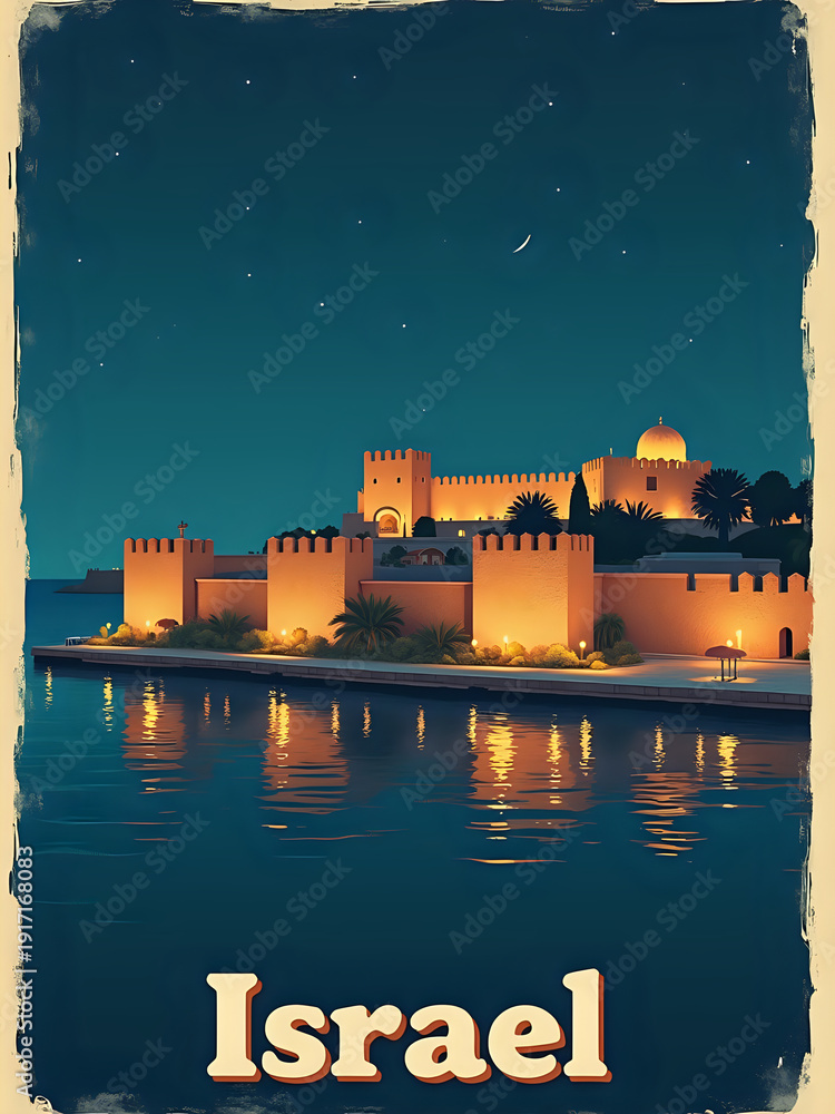 A castle stands on a shore in Israel at night. Lights glow from the castle and palm trees. The moon is visible in a dark sky. Water reflects the warm lights of the structure.