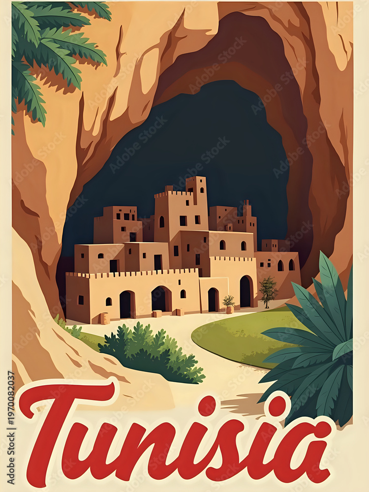 A cave opening shows a small town with buildings in a warm color. Palm trees are nearby with green leaves. The scene occurs in Tunisia at night, highlighting the quiet beauty of the area.