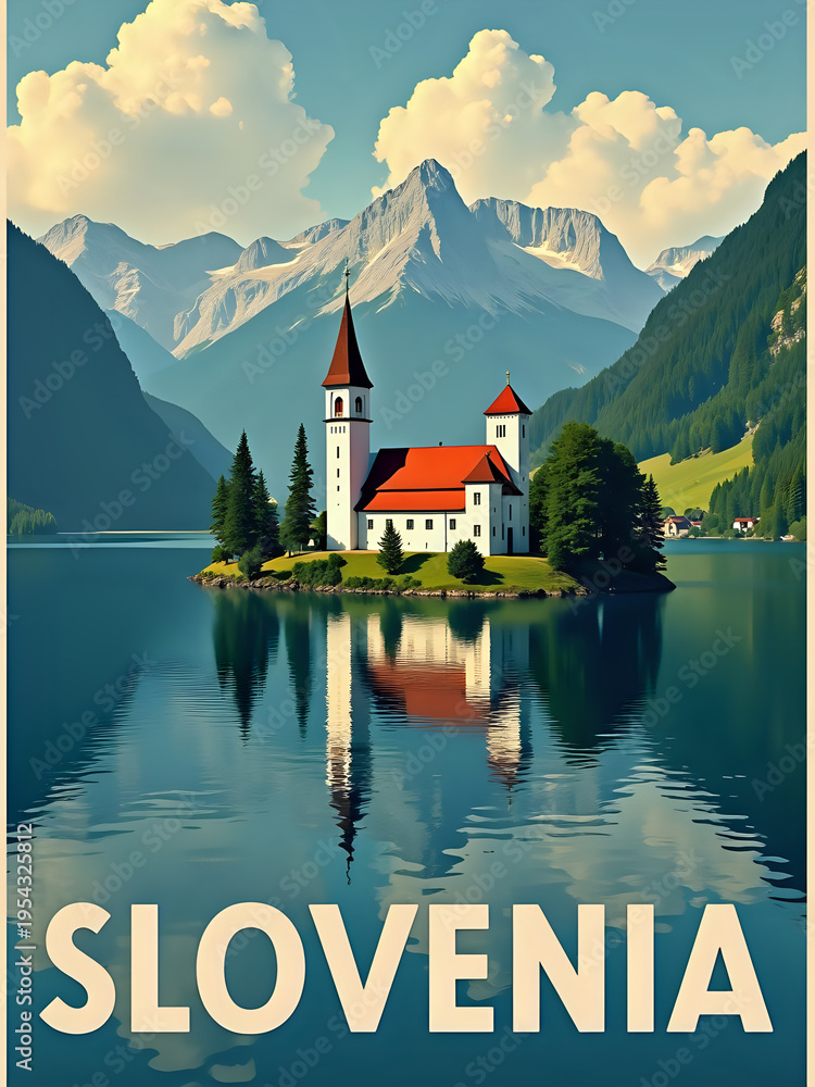 A church sits on an island with trees around it in Slovenia. The mountains rise in the background. The water reflects the church and landscape. It is bright and clear.