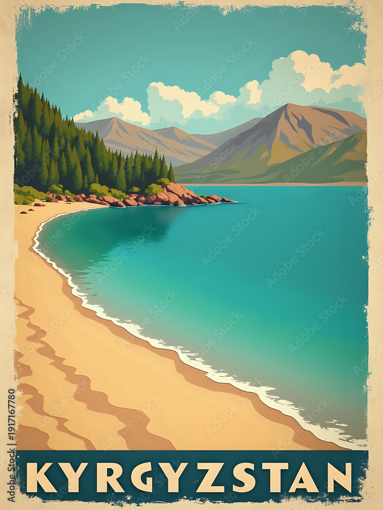 A clear blue lake meets sandy shores surrounded by mountains and green trees. The sky has fluffy white clouds, showing a bright day for outdoor activities in Kyrgyzstan.